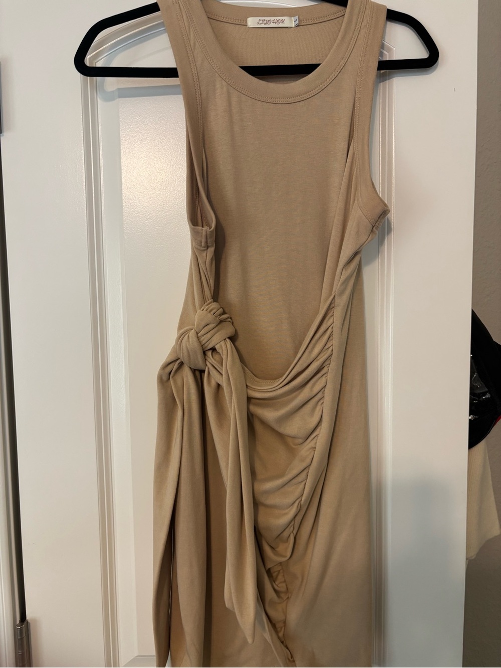 Sleeveless Beige Knot-Detail Dress